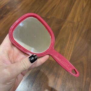 Vintage Goody Mini‎ Hand Mirror Handle Pink Plastic Made In USA 6"x3" Travel